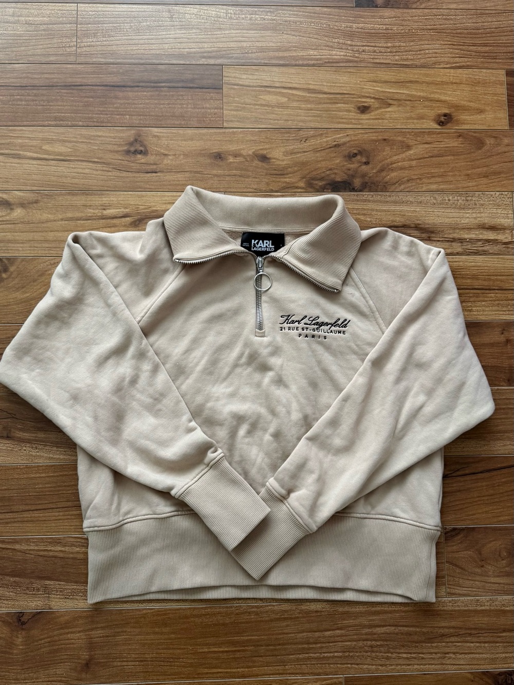 Karl Lagerfeld Beige Embroidered Half Zip Sweatshirt Small